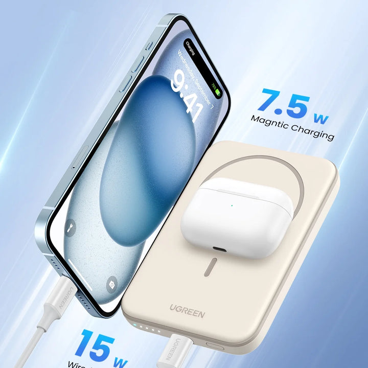 5000Mah Magnetic Power Bank for Iphone, Fast Portable Charger with USB-C Cable, White